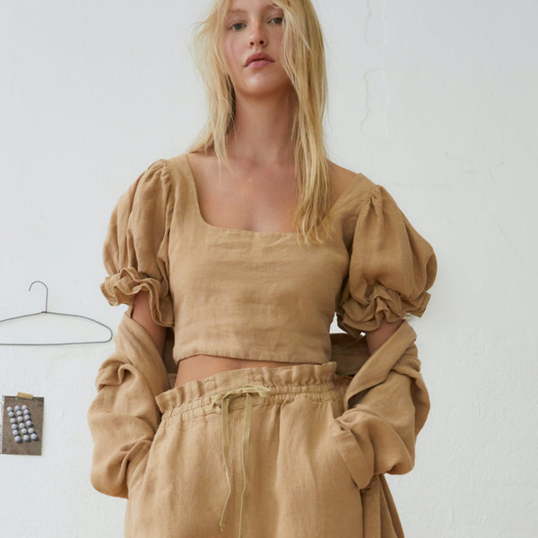 MAMA Long Beach Puff Sleeve Cropped Linen Blouse