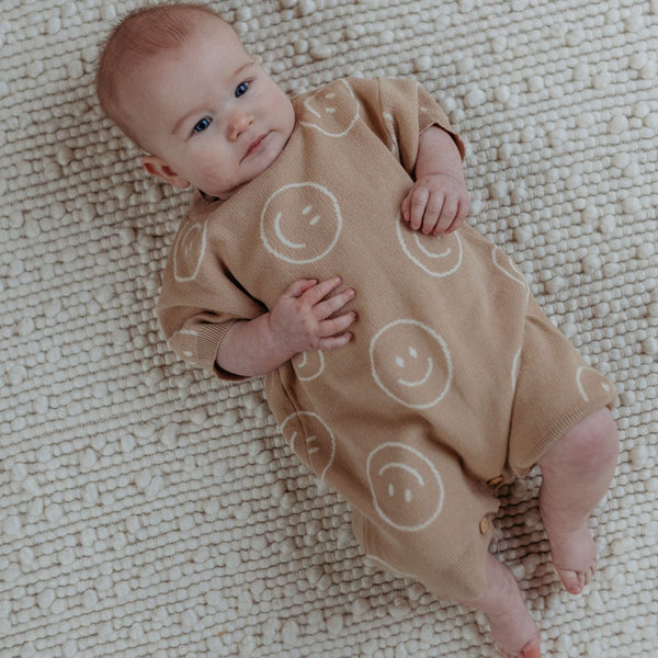 Rue Smiley Cotton Knit Short Sleeved Baby Romper (Tan)