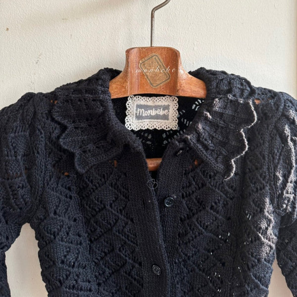 Flora Crochet Knit Collared Cardigan (Black)