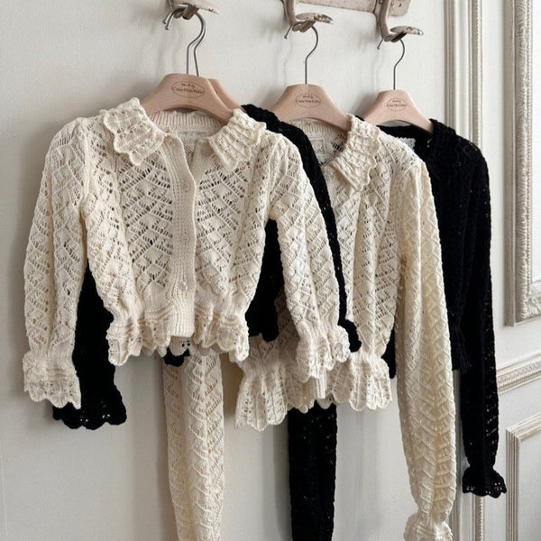 Flora Crochet Knit Collared Cardigan (Cream)