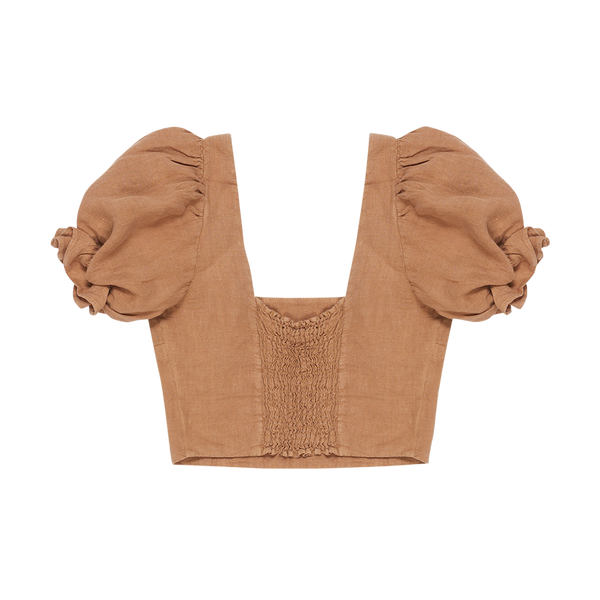 MAMA Long Beach Puff Sleeve Cropped Linen Blouse