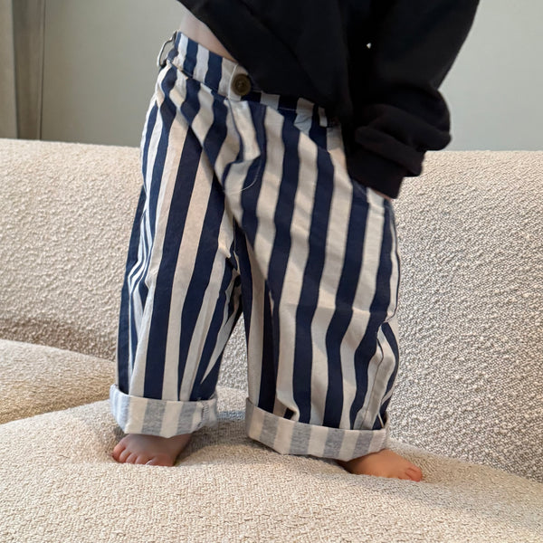 Soren Striped Wide Leg Cropped Cotton Trousers (Night Blue)