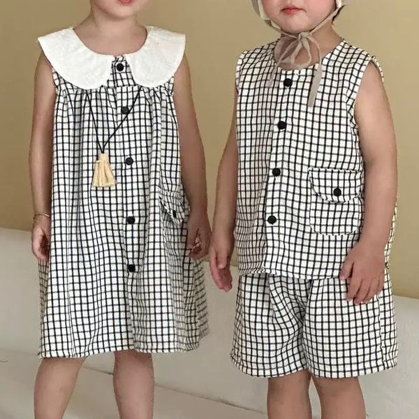 Mono Checked Sleeveless Shirt and Shorts Set