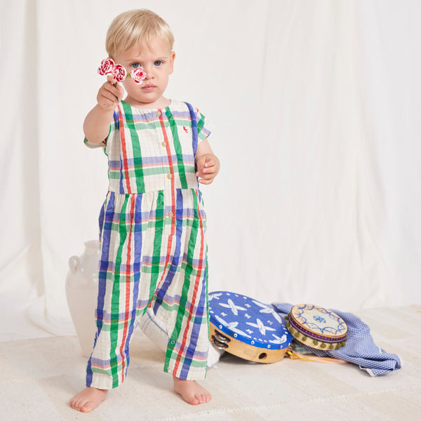 Madras Checked Woven Cotton Baby Overalls