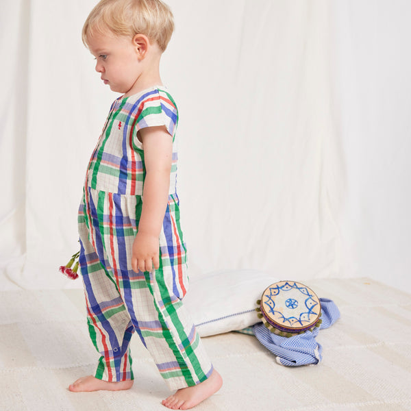 Madras Checked Woven Cotton Baby Overalls
