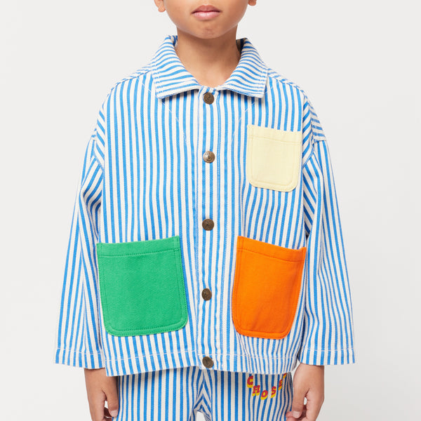 Colour Block Patch Pocket Striped Cotton Jacket