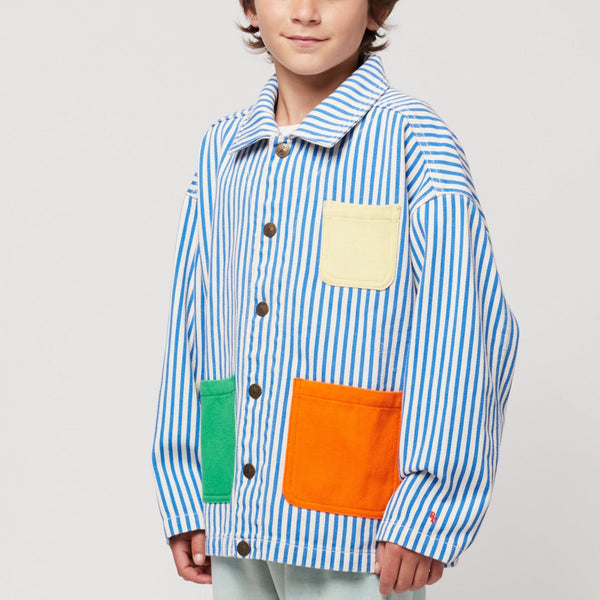 Colour Block Patch Pocket Striped Cotton Jacket