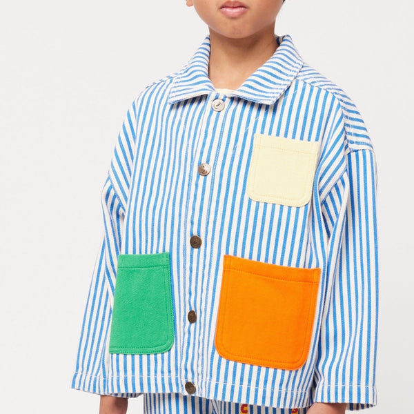 Colour Block Patch Pocket Striped Cotton Jacket