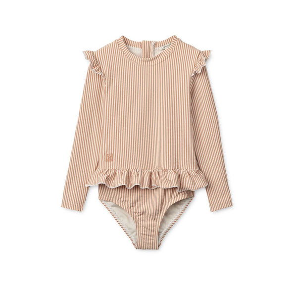 Sille Pinstripe Seersucker Swim Jumpsuit (Pale Tuscany/Creme de la Creme)