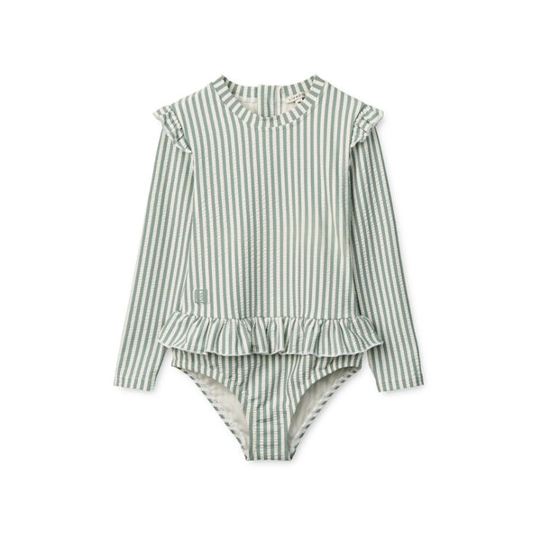 Sille Pinstripe Seersucker Swim Jumpsuit (Peppermint/Creme de la Creme)