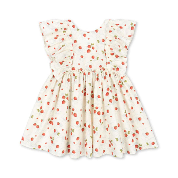 Evia Strawberry Print Bow Back Ruffle Dress