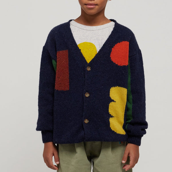 Colour-Block Geometric Wool Blend Knitted Cardigan