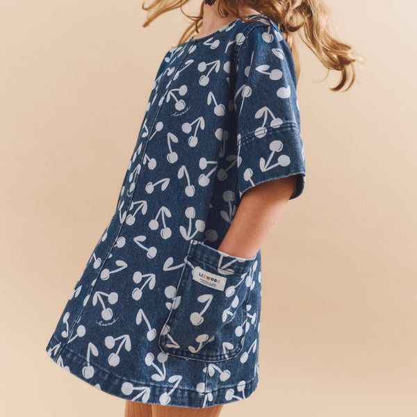 Angelica Cherry Blossom Cotton Printed Denim Dress