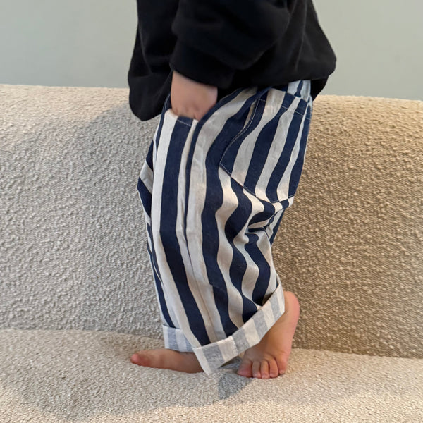 Soren Striped Wide Leg Cropped Cotton Trousers (Night Blue)