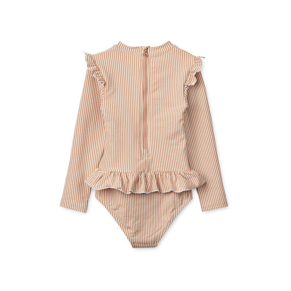 Sille Pinstripe Seersucker Swim Jumpsuit (Pale Tuscany/Creme de la Creme)