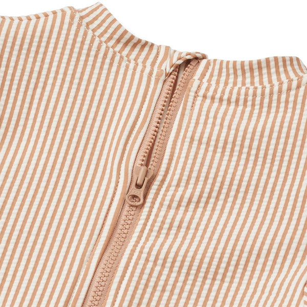 Sille Pinstripe Seersucker Swim Jumpsuit (Pale Tuscany/Creme de la Creme)