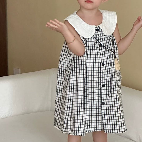 Mono Checked Trapeze Collared Dress