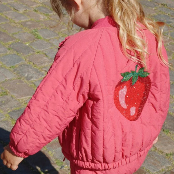 Juno Sequin Strawberry Quilted Bomber Jacket (Raspberry Wine)