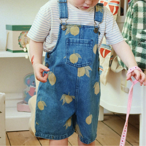Magot Lemon Print Cotton Denim Short Dungarees (Lemon Denim)