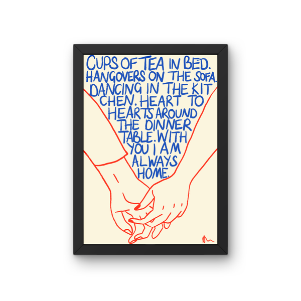 'Cups of Tea In Bed' Romantic Colourful Blue and Orange Art Print
