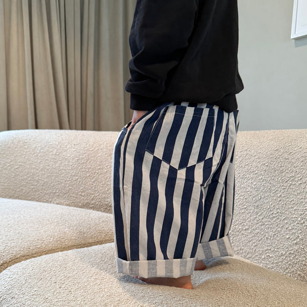 Soren Striped Wide Leg Cropped Cotton Trousers (Night Blue)