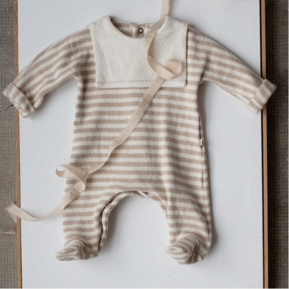 Mael Striped Fleece Jumpsuit with Feet (Beige)