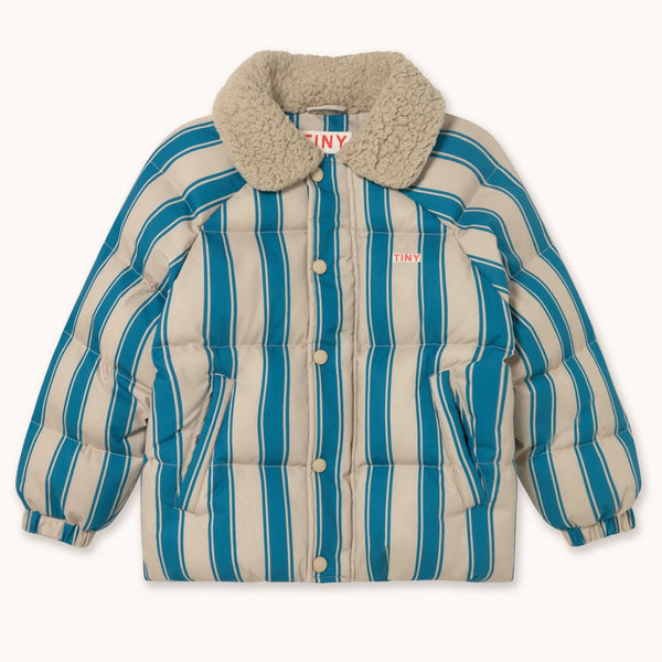 Blue Retro Stripes Sherpa Collared Padded Puffer Jacket