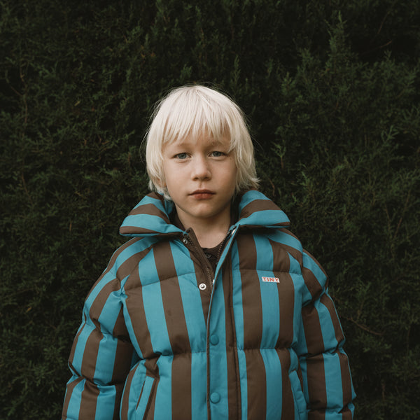 Blue Cacao Stripes Short Padded Puffer Jacket