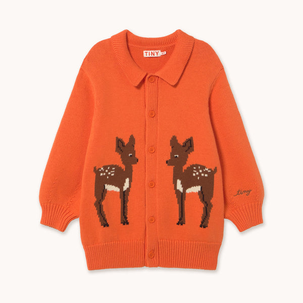 Deer Print Collared Cotton Cardigan (Warm Red)