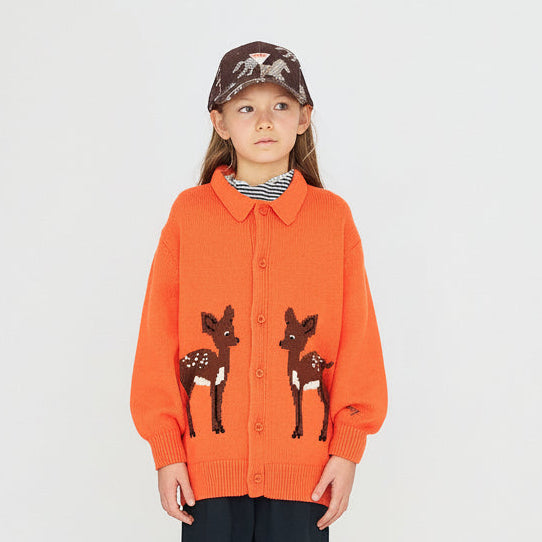 Deer Print Collared Cotton Cardigan (Warm Red)