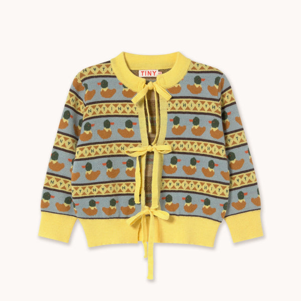 Duck Print Tie-Up Wool Blend Knitted Cardigan