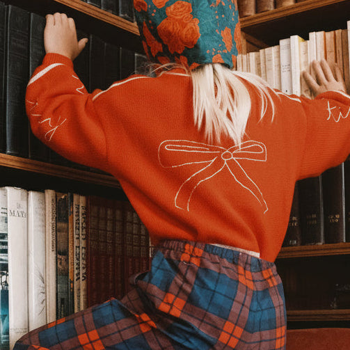 Bows Embroidered Wool Cardigan (Vibrant Red)