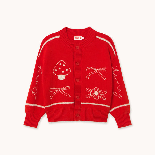 Bows Embroidered Wool Cardigan (Vibrant Red)
