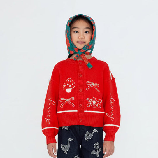 Bows Embroidered Wool Cardigan (Vibrant Red)