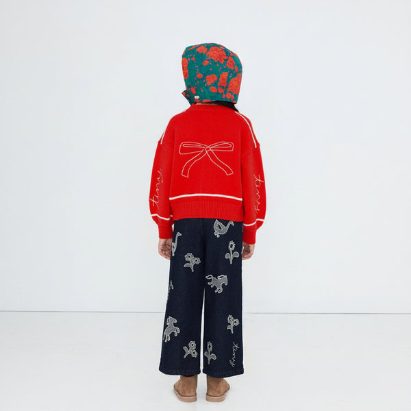 Bows Embroidered Wool Cardigan (Vibrant Red)
