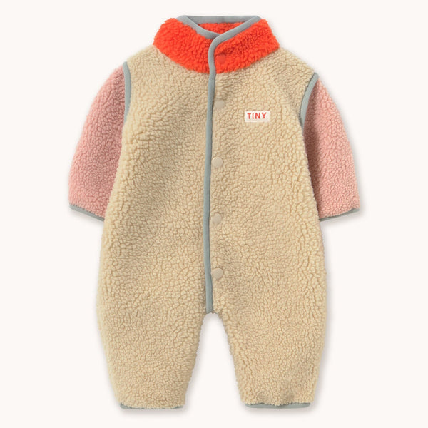 Colour Block Sherpa Teddy Baby Pramsuit (Vanilla)