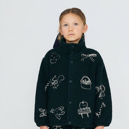 Tiny Apples Embroidered Teddy Sherpa Jacket (Ink Blue)