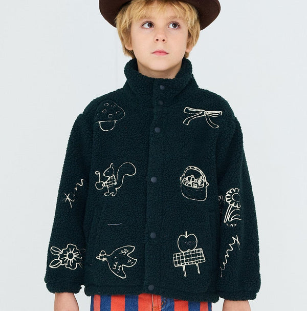 Tiny Apples Embroidered Teddy Sherpa Jacket (Ink Blue)