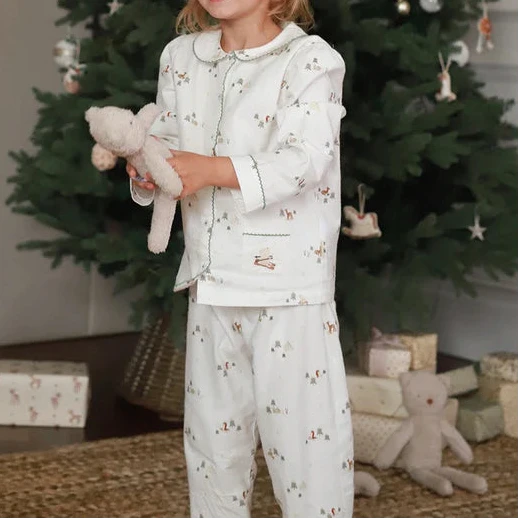 Green Trim Ski Scene Organic Cotton Flannel Button Up Pyjamas