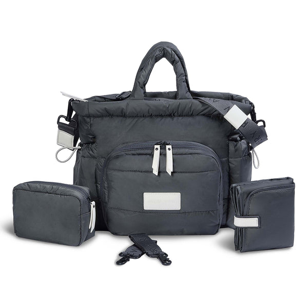 Baby Changing Tote Bag with Stroller Clips, Mat + Pouch (Soft Black)