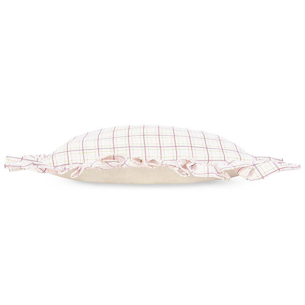 Square Linen Embroidered Frill Cushion (Pink Check)