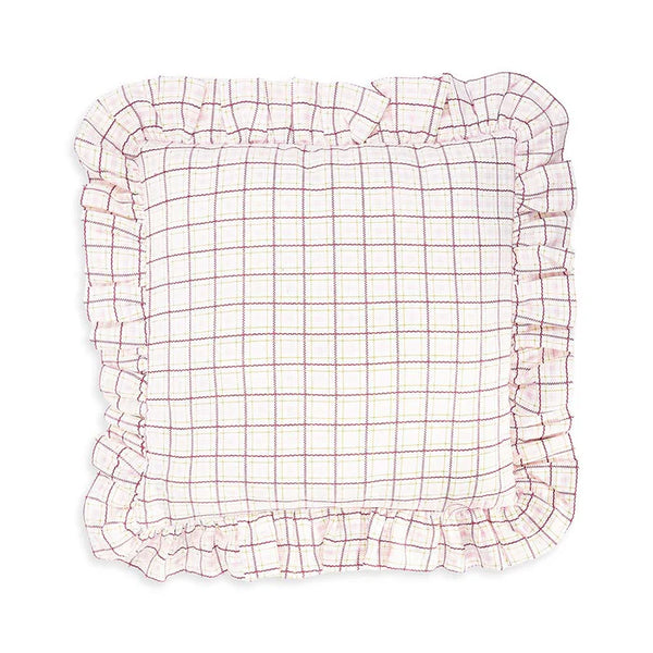 Square Linen Embroidered Frill Cushion (Pink Check)