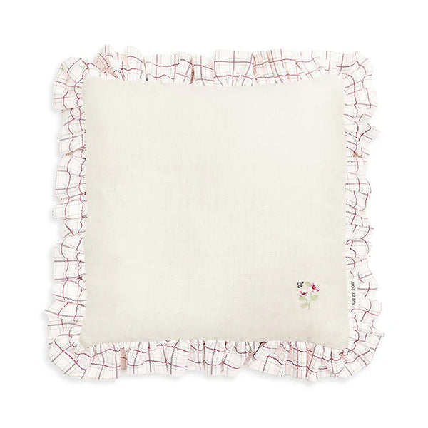 Square Linen Embroidered Frill Cushion (Pink Check)