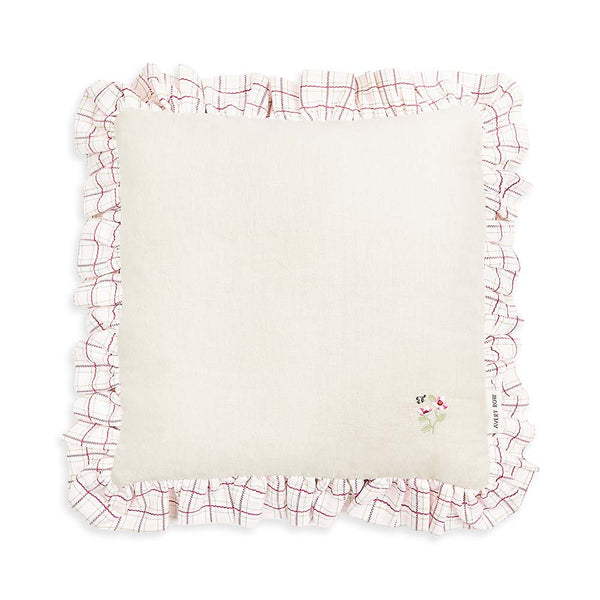 Square Linen Embroidered Frill Cushion (Pink Check)