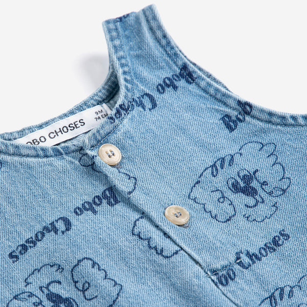 Pickles The Dog All Over Cotton Denim Baby Playsuit (Light Blue)