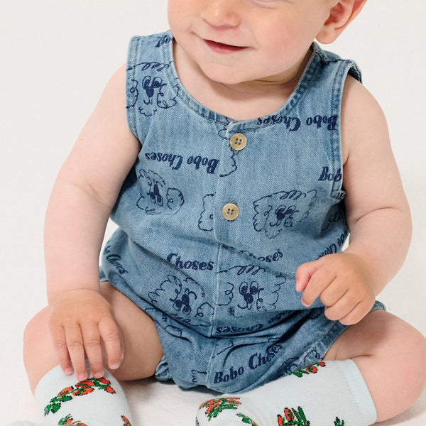 Pickles The Dog All Over Cotton Denim Baby Playsuit (Light Blue)