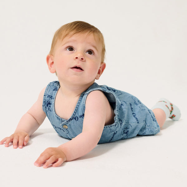 Pickles The Dog All Over Cotton Denim Baby Playsuit (Light Blue)