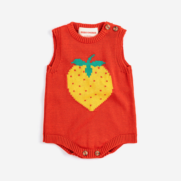Pixel Strawberry Print Knitted Baby Romper (Red)