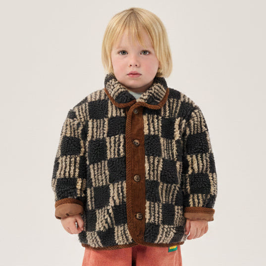 Almost Moiré All Over Checkerboard Baby Sheepskin Jacket (Dark Grey)