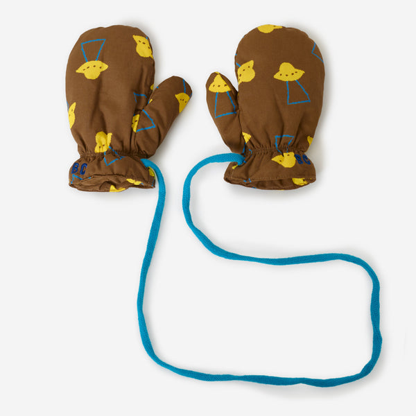 Pixel Abduction All Over Baby Mittens on a String (Brown)